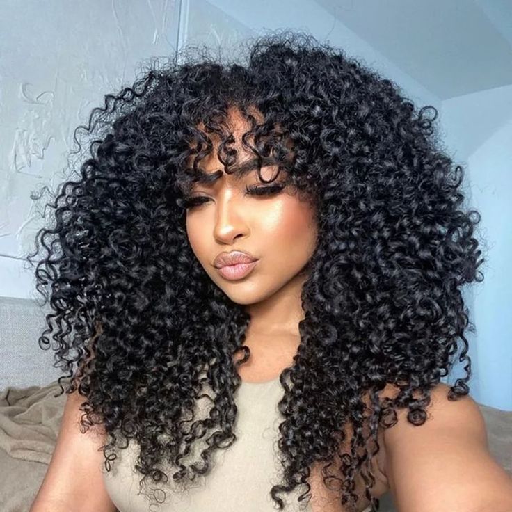 Glueless Deep Curly Clear Transparent Lace Closure Wigs with Bangs For Women-Amanda Hair