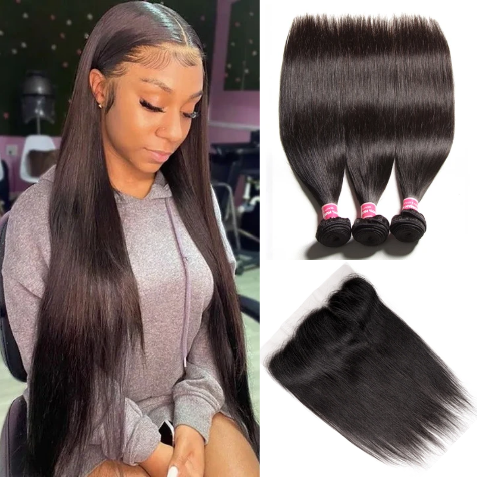 Straight Brazilian Hair 3 Bundles With 13*4 Lace Frontal 10A Grade 100% Remy Human Hair - Amanda Hair