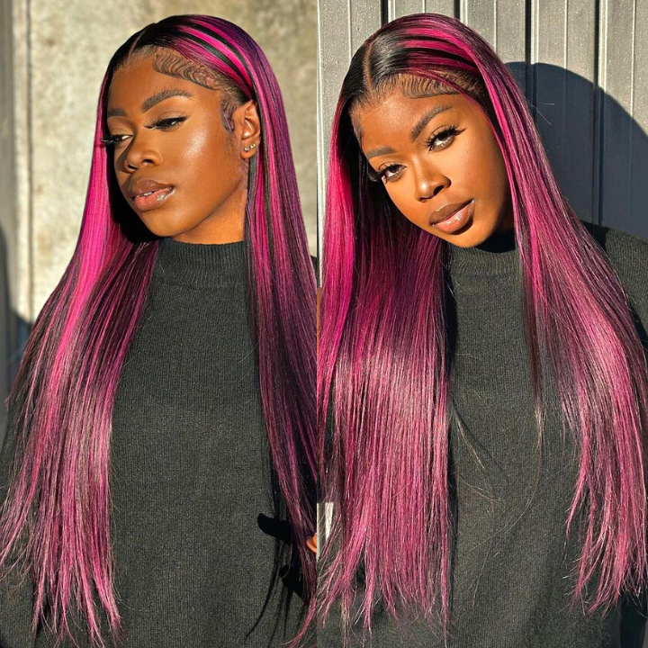 Transparent 13x4 Lace Front Straight Wig Human Hair  Black Hair Mix Purple Highlights