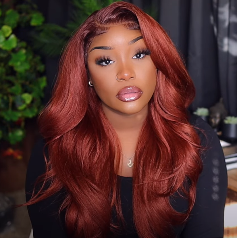 Reddish Brown Body Wave Transparent Lace Front Wigs Deep Hairline 100% Human Hair #35 Auburn Color Fall Wigs