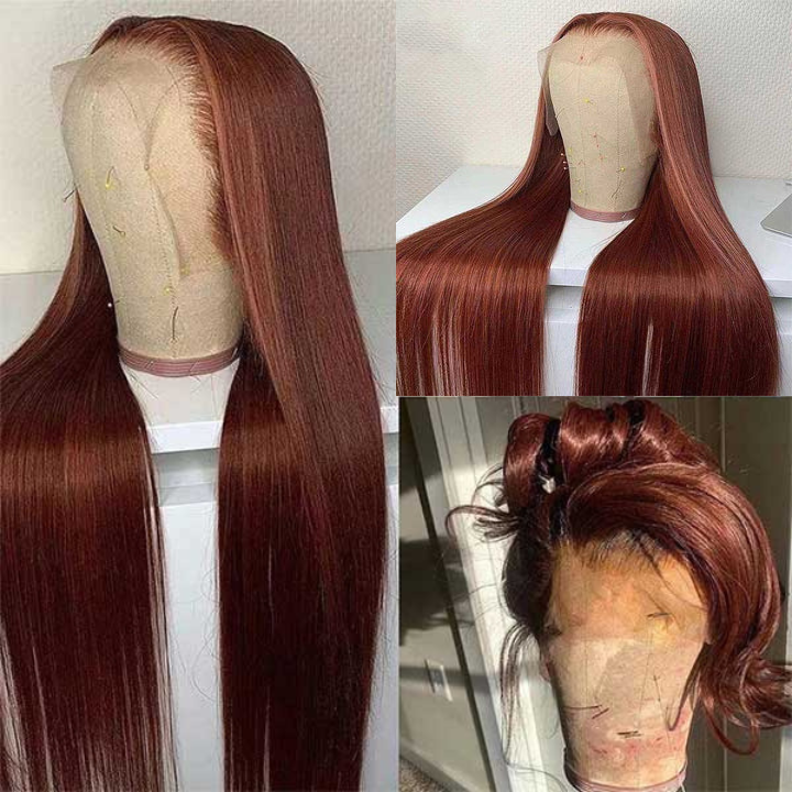 Flash Sale Extra 50% Off Code: VIP50,Reddish Brown Transparent Lace Front Straight Wigs Deep Hairline 100% Human Hair Auburn Color Fall Wigs