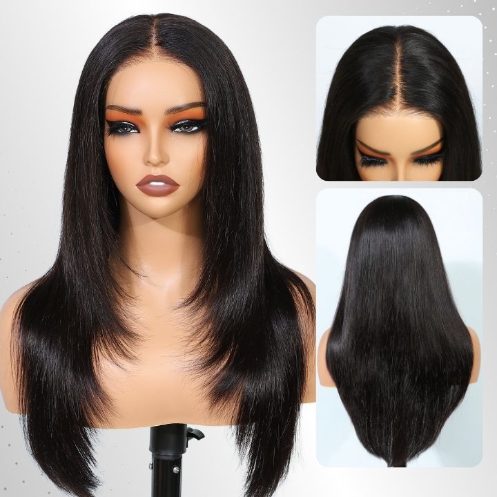 Extra 38% Off Clearance Glueless Layered Haircut Lace Closure Straight Wigs Silky Human Hair Wigs Throw On & Go Workout Wigs