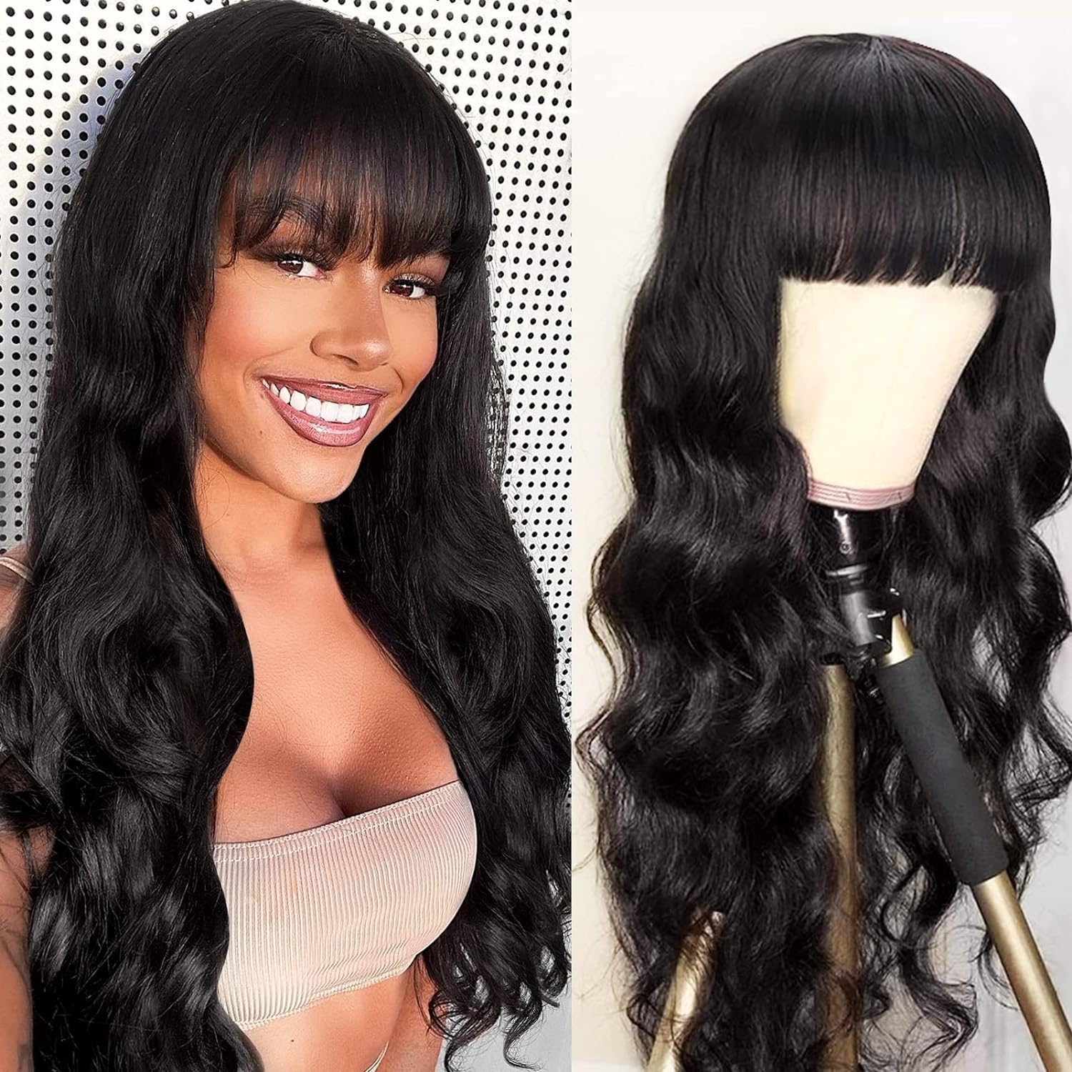 Flash Sale Buy 2 Get 1 Free Long body wave Hair With Bangs Natural Black Hair Wig