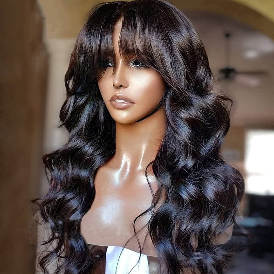 Flash Sale Buy 2 Get 1 Free Long body wave Hair With Bangs Natural Black Hair Wig