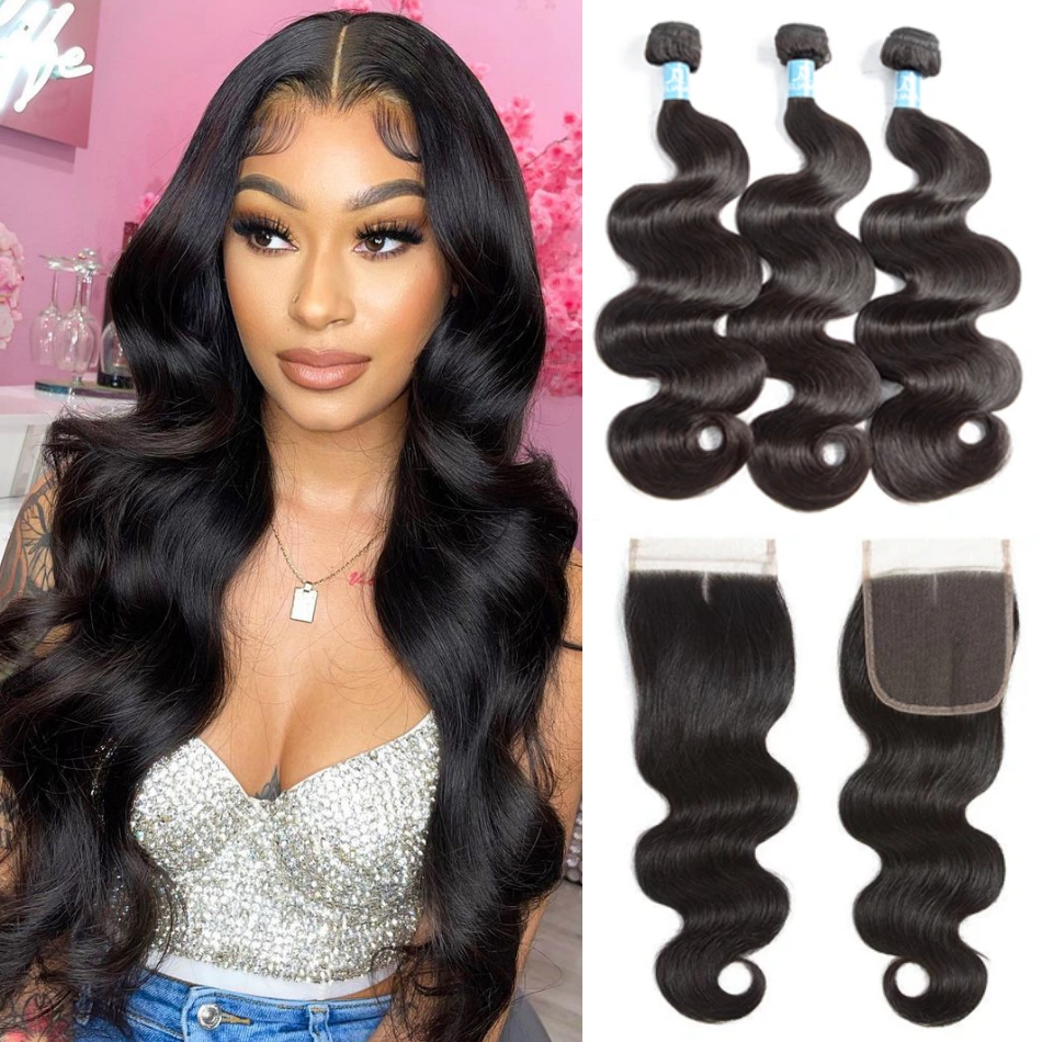 Body Wave Brazilian Hair 3 Bundles With 4*4 Lace Closure 9A Grade 100% Unprocessed Human Hair - Amanda Hair