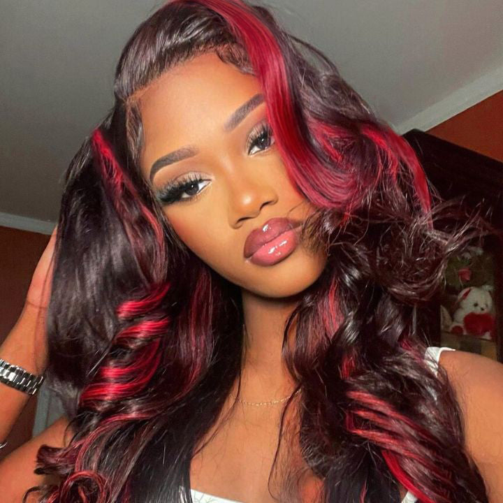 Flash Sale Extra 50% Off Code: VIP50 , Highlight Transparent Lace Front Human Hair Wigs Loose Wave Ombre Red Highlights Color 13x4/4x4 Lace Frontal Wig-Amanda Hair