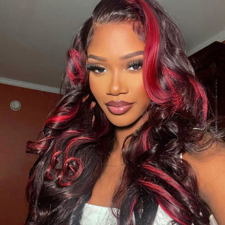 Flash Sale Extra 50% Off Code: VIP50 , Highlight Transparent Lace Front Human Hair Wigs Loose Wave Ombre Red Highlights Color 13x4/4x4 Lace Frontal Wig-Amanda Hair