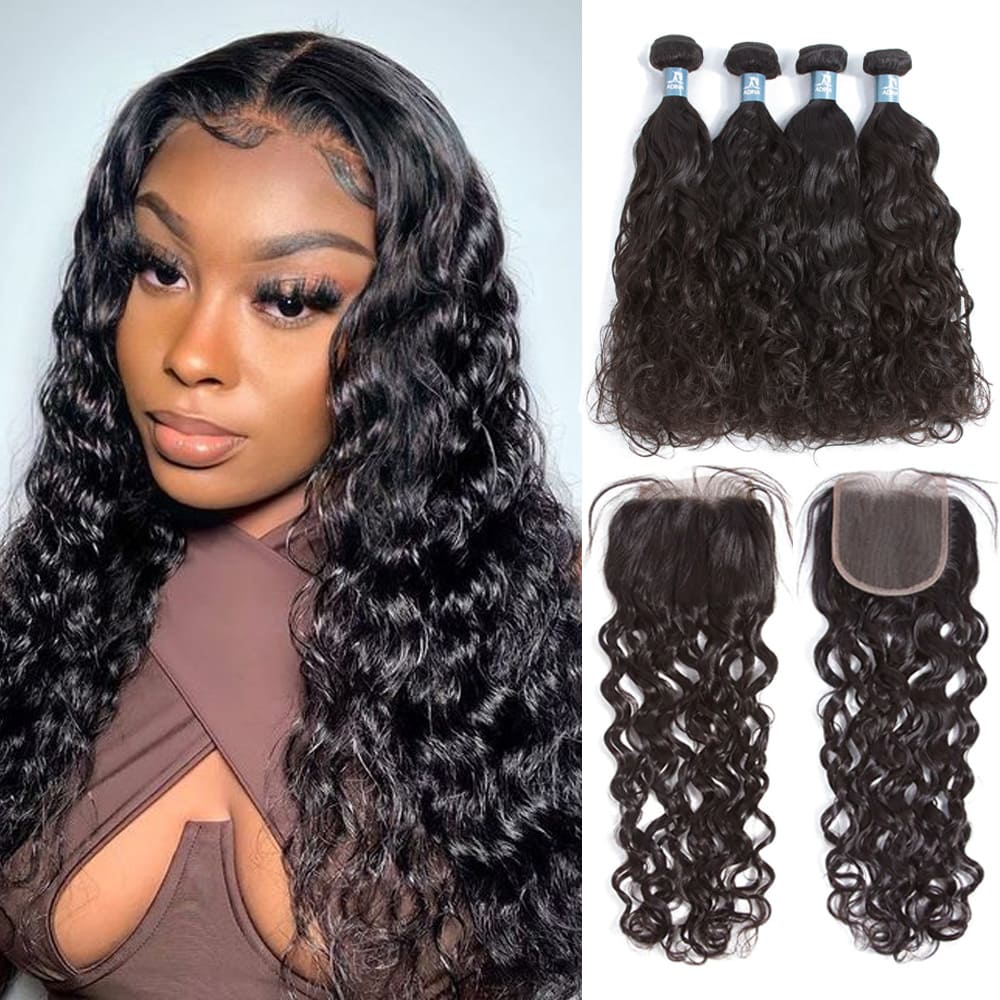 Amanda Malaysian Hair Water Wave 4 Bundles With 4*4 Lace Closure  9A Grade 100% Unprocessed Human Hair