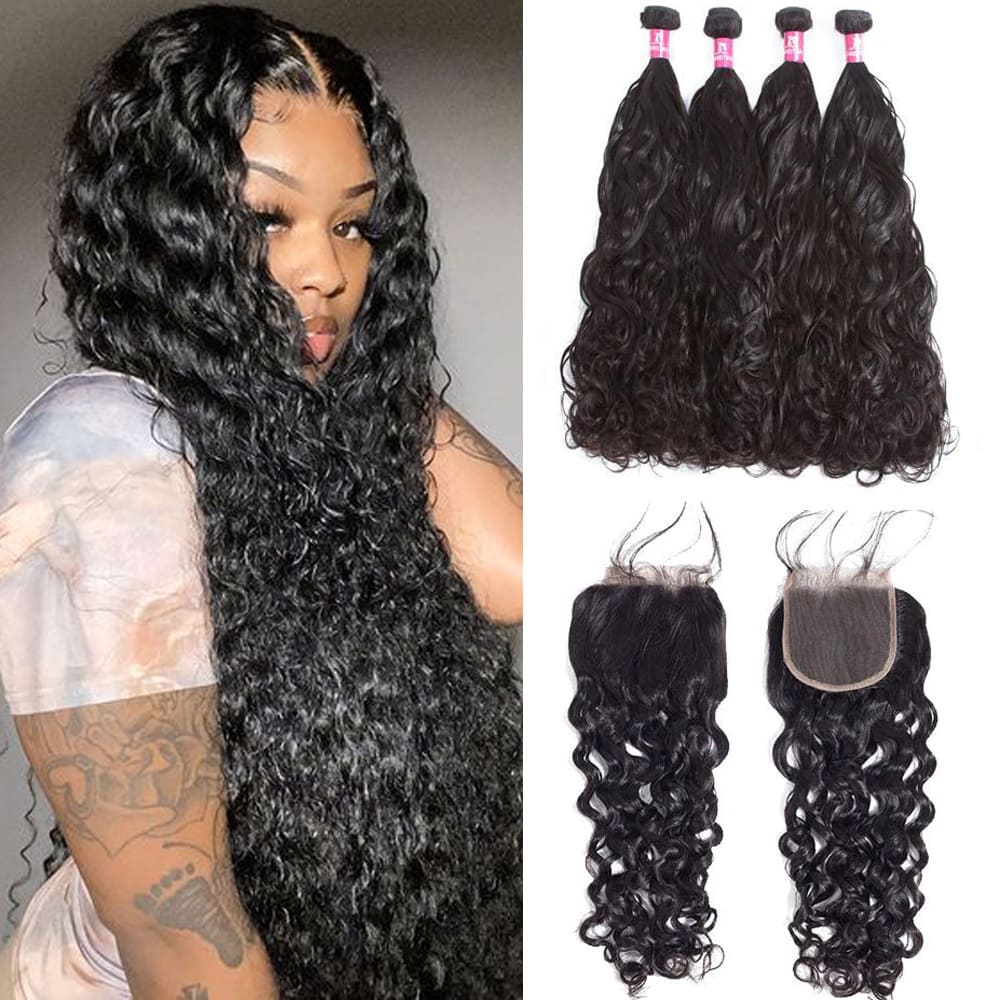 Amanda Mongolian Hair Water Wave 4 Bundles With 4*4 Lace Closure 10A Grade 100% Remi Human Hair