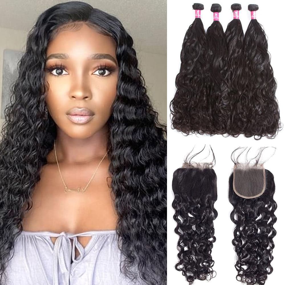 Amanda Indian Hair Water Wave 4 Bundles With 4*4 Lace Closure 10A Grade 100% Remi Human Hair