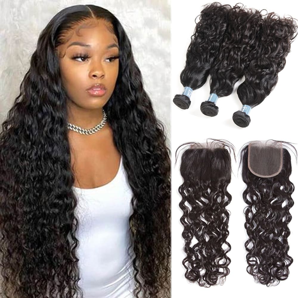 Amanda Peruvian Hair Water Wave 3 Bundles With 4*4 Lace Closure 9A Grade 100% Unprocessed Human Hair