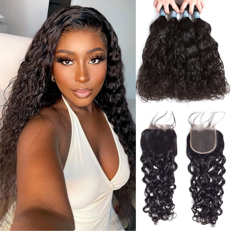 Amanda Peruvian Hair Water Wave 4 Bundles With 4*4 Lace Closure  9A Grade 100% Unprocessed Human Hair