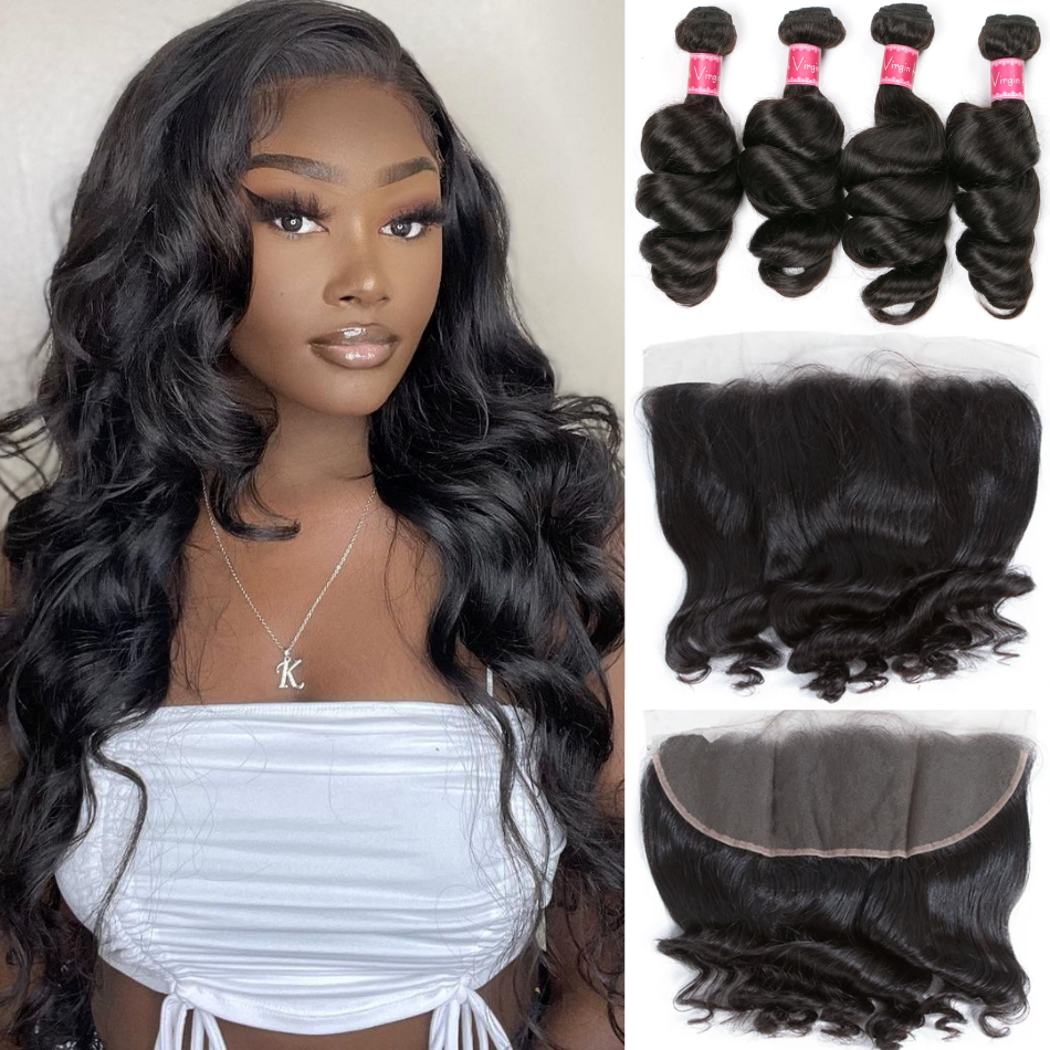 Brazilian Loose Wave 4 Bundles With 13*4 Lace Frontal 10A Grade 100% Remi Human Hair Soft Shiny Wave Hair - Amanda Hair