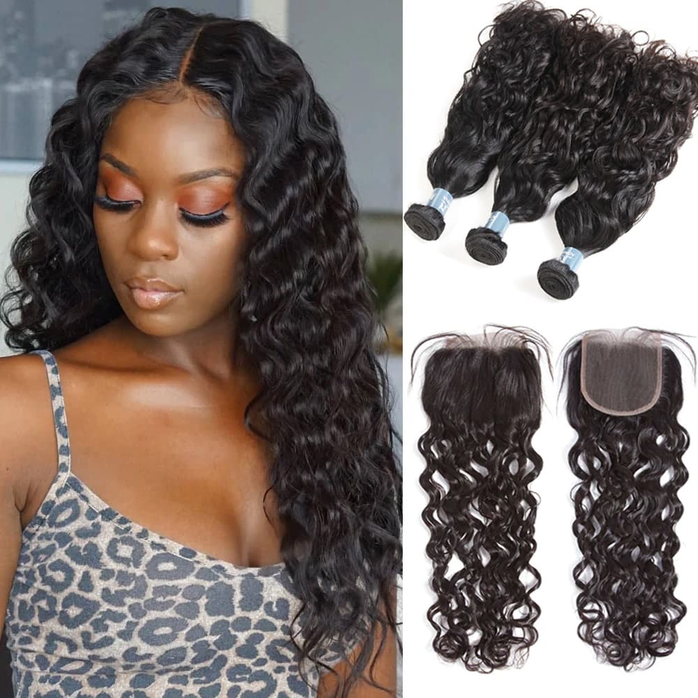 Amanda Malaysian Hair Water Wave 3 Bundles With 4*4 Lace Closure 9A Grade 100% Unprocessed Human Hair