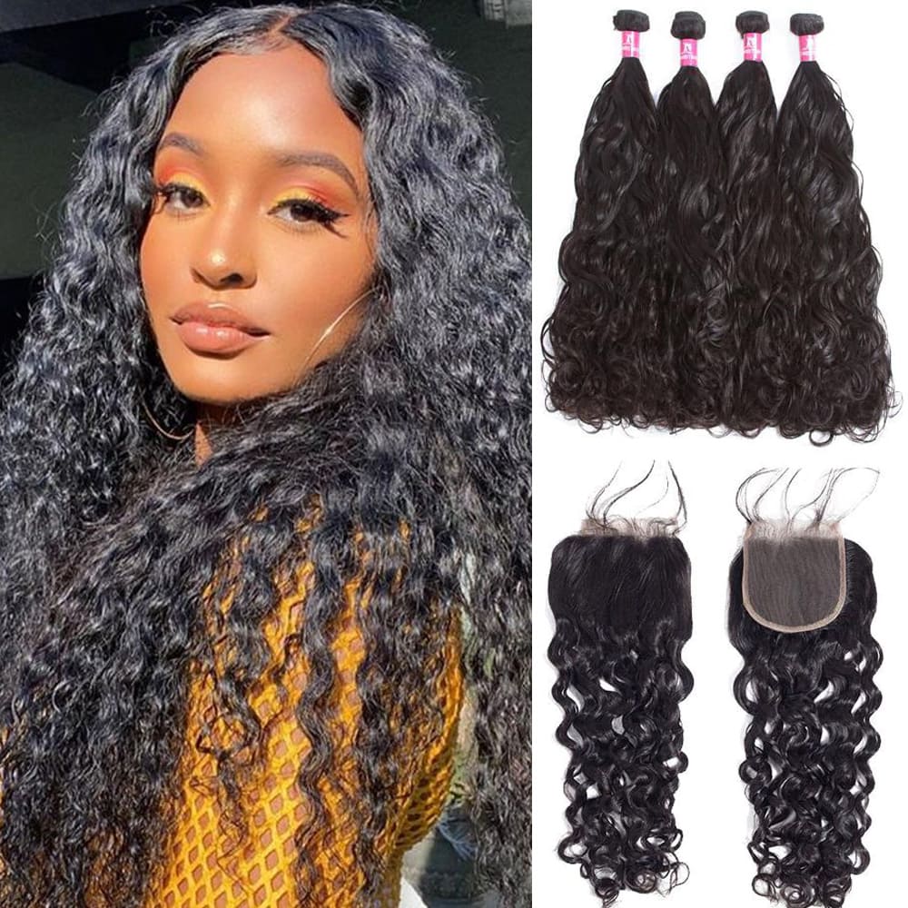 Brazilian Water Wave Hair 4 Bundles With 4*4 Lace Closure 10A Grade 100% Remi Human Hair - Amanda Hair