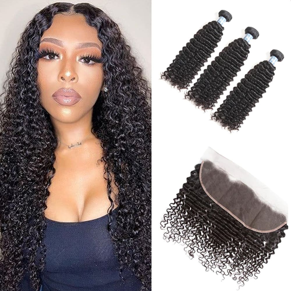 Amanda Indian Hair Kinky Curly 3 Bundles With 13*4 Lace Frontal 9A Grade 100% Unprocessed Human Hair Extensions