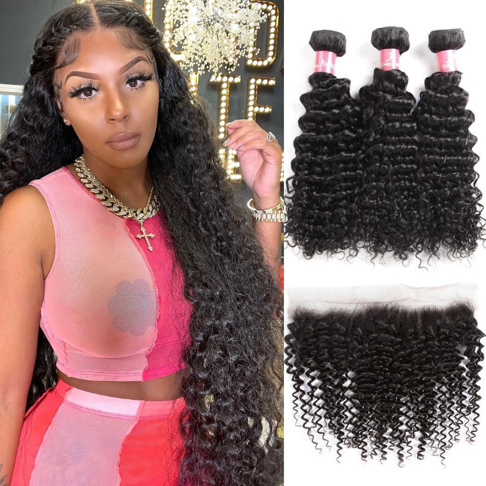 Brazilian Kinky Curly 3 Bundles With 13*4 Lace Frontal 10A Grade 100% Remi Human Hair Soft Shiny Wave Hair - Amanda Hair