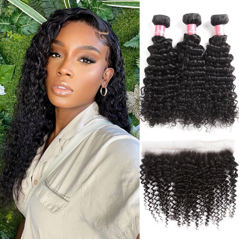 Brazilian Kinky Curly 3 Bundles With 13*4 Lace Frontal 10A Grade 100% Remi Human Hair Soft Shiny Wave Hair - Amanda Hair