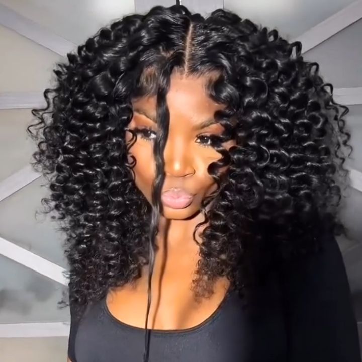 Super Bouncy Deep Curly Glueless Lace Wig Pre Cut Lace with Natural Hairline Mini Knots  Human Hair Clear Transparent Lace Front/Closure Wig Natural Black  - Amanda Hair