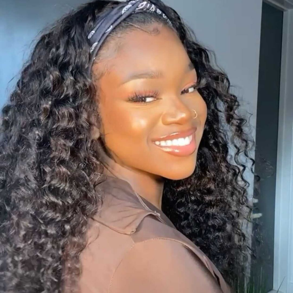 Amanda Glueless Deep Wave Headband Human Hair Wigs Beginners Friendly Half Wig With Pre-Attached Scalf
