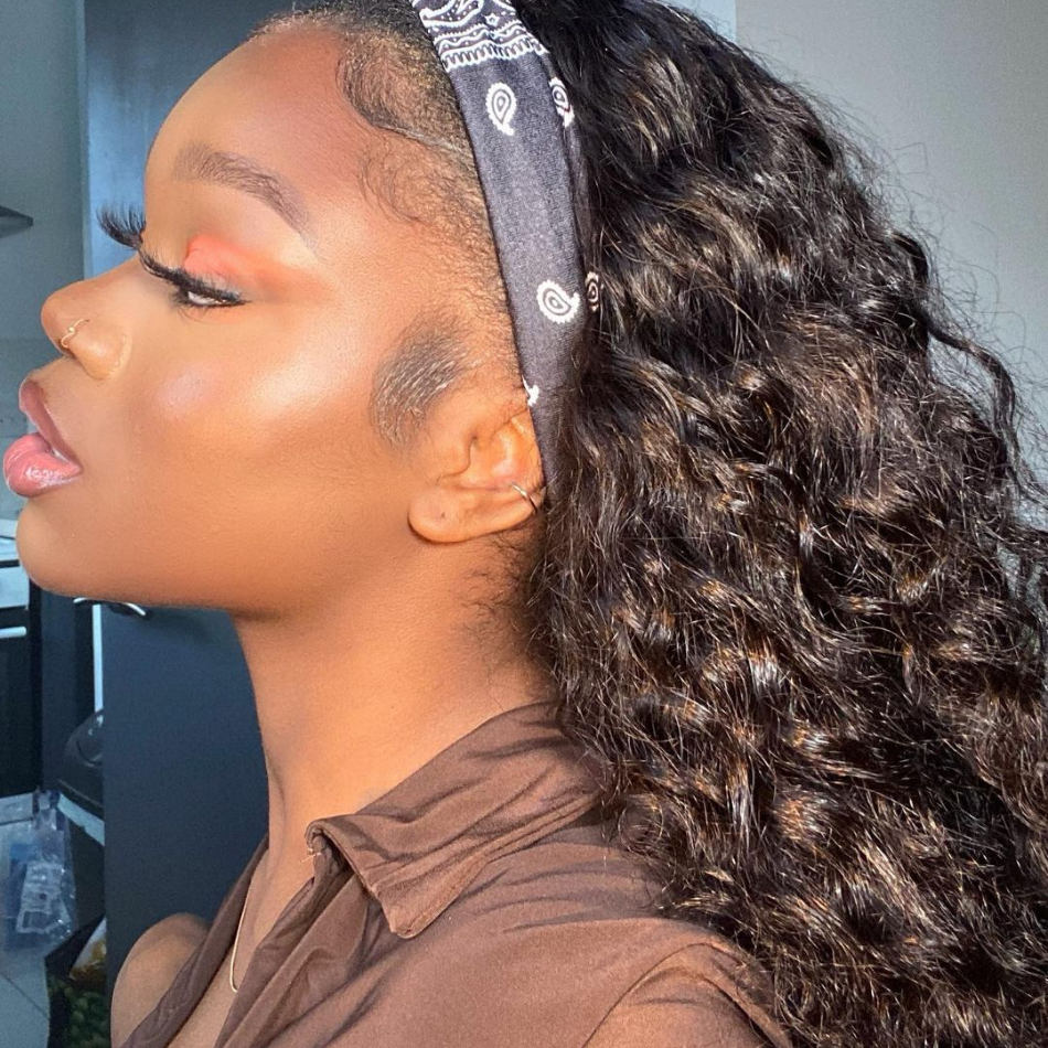 Amanda Glueless Deep Wave Headband Human Hair Wigs Beginners Friendly Half Wig With Pre-Attached Scalf