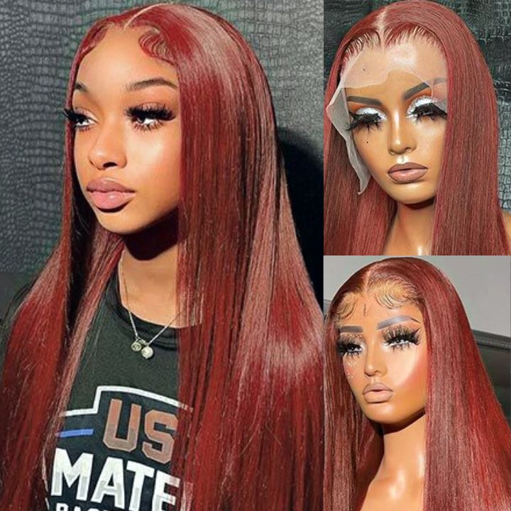 Flash Sale Extra 50% Off Code: VIP50,Reddish Brown Transparent Lace Front Straight Wigs Deep Hairline 100% Human Hair Auburn Color Fall Wigs