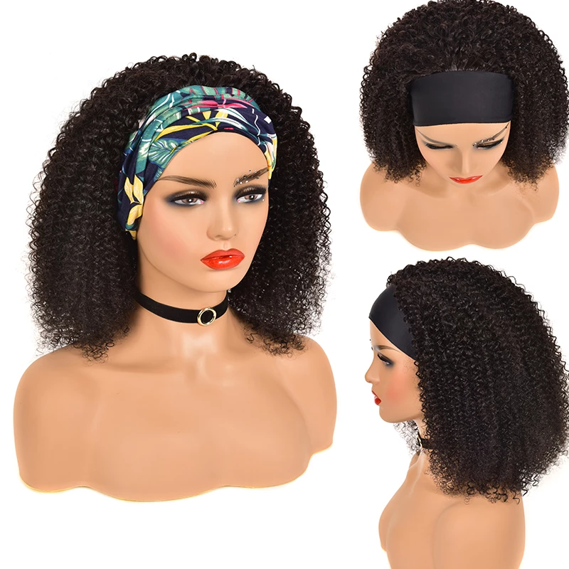 Amanda Glueless Kinky Curly Headband Human Hair Wigs Black Color Easy To Install
