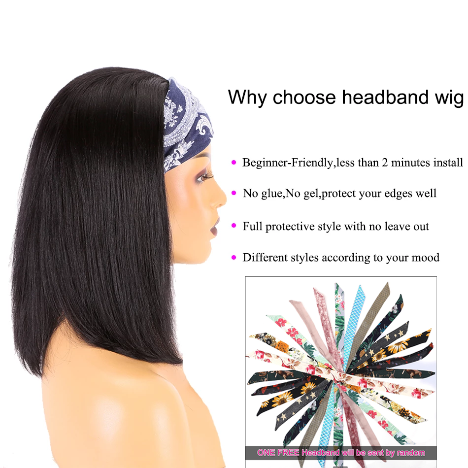 Brazilian Straight Hair Headband Bob Wig Glueless Short Human Hair Blunt Cut Wigs-Amanda Hair