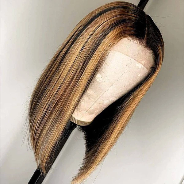 Straight Hair Blonde Highlight Bob Wig T Part Lace Frontal Short Bob Wigs 180% Density-Amanda Hair