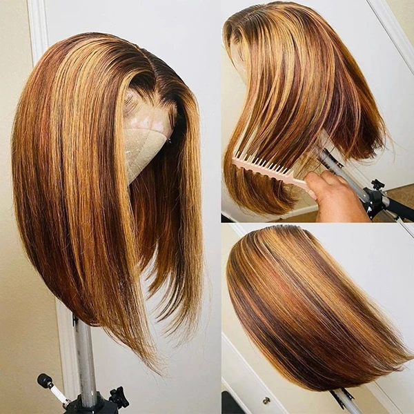 Straight Hair Blonde Highlight Bob Wig T Part Lace Frontal Short Bob Wigs 180% Density-Amanda Hair