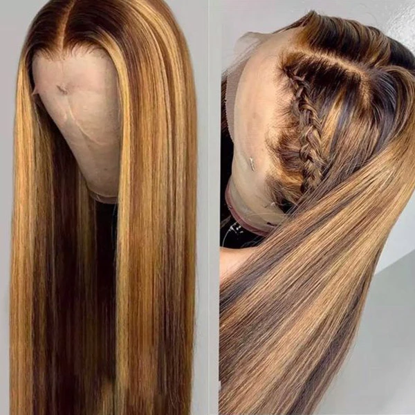 Straight Hair Ombre Honey Blonde Color T Part Lace Frontal Highlights Wig-Amanda Hair