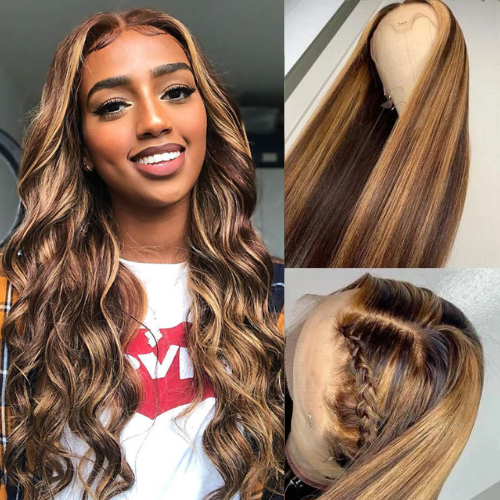 Straight Hair Ombre Honey Blonde Color T Part Lace Frontal Highlights Wig-Amanda Hair