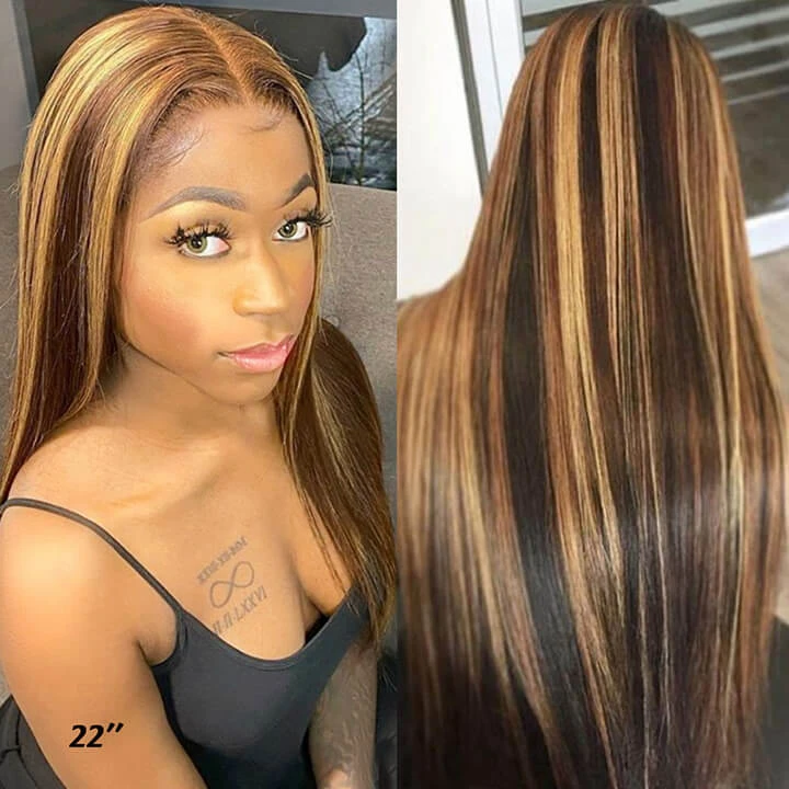 Straight Hair Ombre Honey Blonde Color T Part Lace Frontal Highlights Wig-Amanda Hair