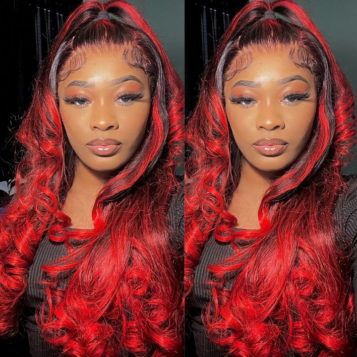 Flash Sale Extra 50% Off Code: VIP50 , Highlight Transparent Lace Front Human Hair Wigs Loose Wave Ombre Red Highlights Color 13x4/4x4 Lace Frontal Wig-Amanda Hair