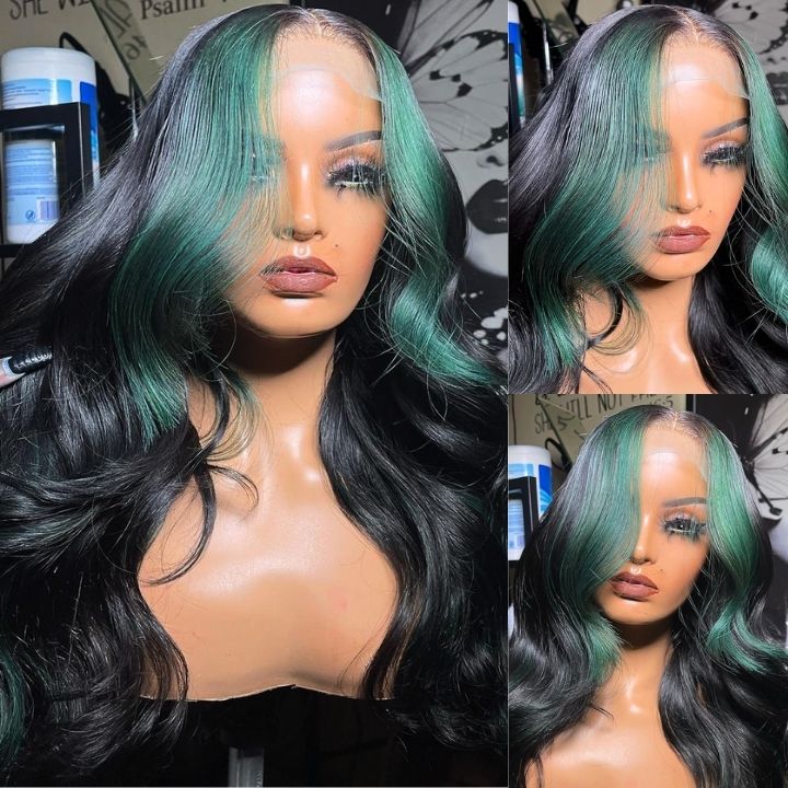 Highlight Money Piece Mint Green Transparent Lace Front Human Hair Wigs Body Wave 13x4/4x4 Lace Color Wig-Amanda Hair