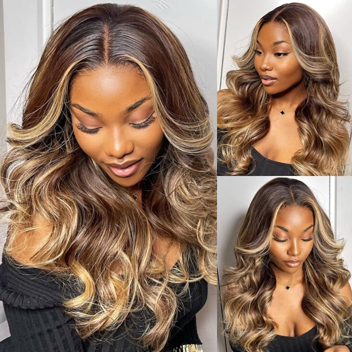 Glueless Invisiable Honey Blonde Highlight Body Wave 13x4 Lace Front Wigs Human Hair Ombre Color Wig