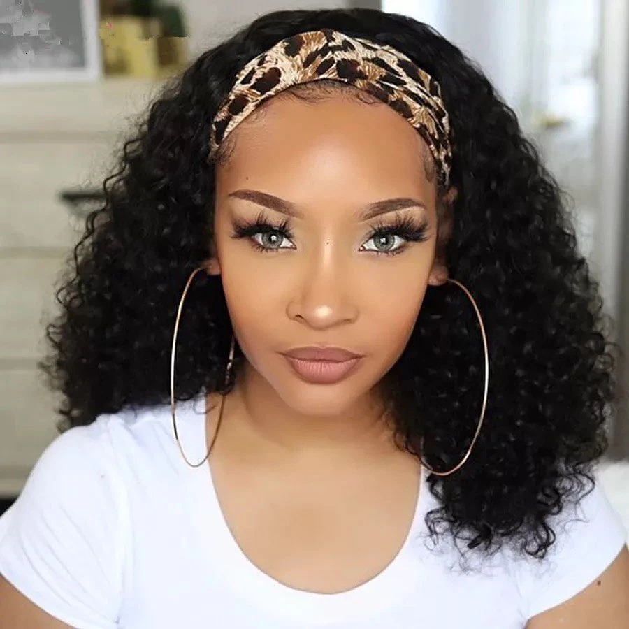 Amanda Glueless Kinky Curly Headband Human Hair Wigs Black Color Easy To Install