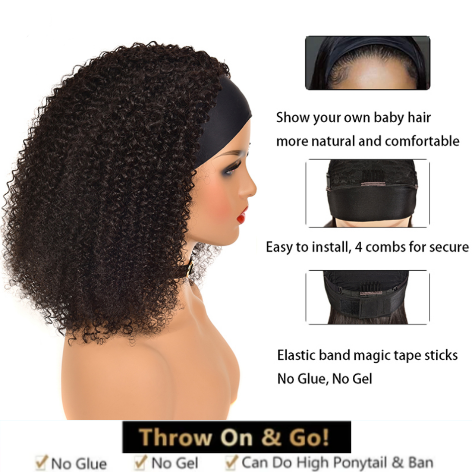 Amanda Glueless Kinky Curly Headband Human Hair Wigs Black Color Easy To Install