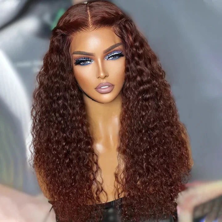 Extra 50% Off | Code: VIP50 ,Reddish Brown Curly Tranparent Lace Wigs Deep Hairline 100% Human Hair HD Clear Lace Front Wigs-Amanda Hair Flash Sale