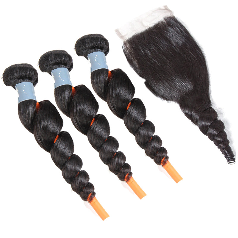 Brazilian Loose Wave 3 Bundles With 4*4 Lace Closure 9A Grade 100% Unprocessed Human Hair - Amanda Hair
