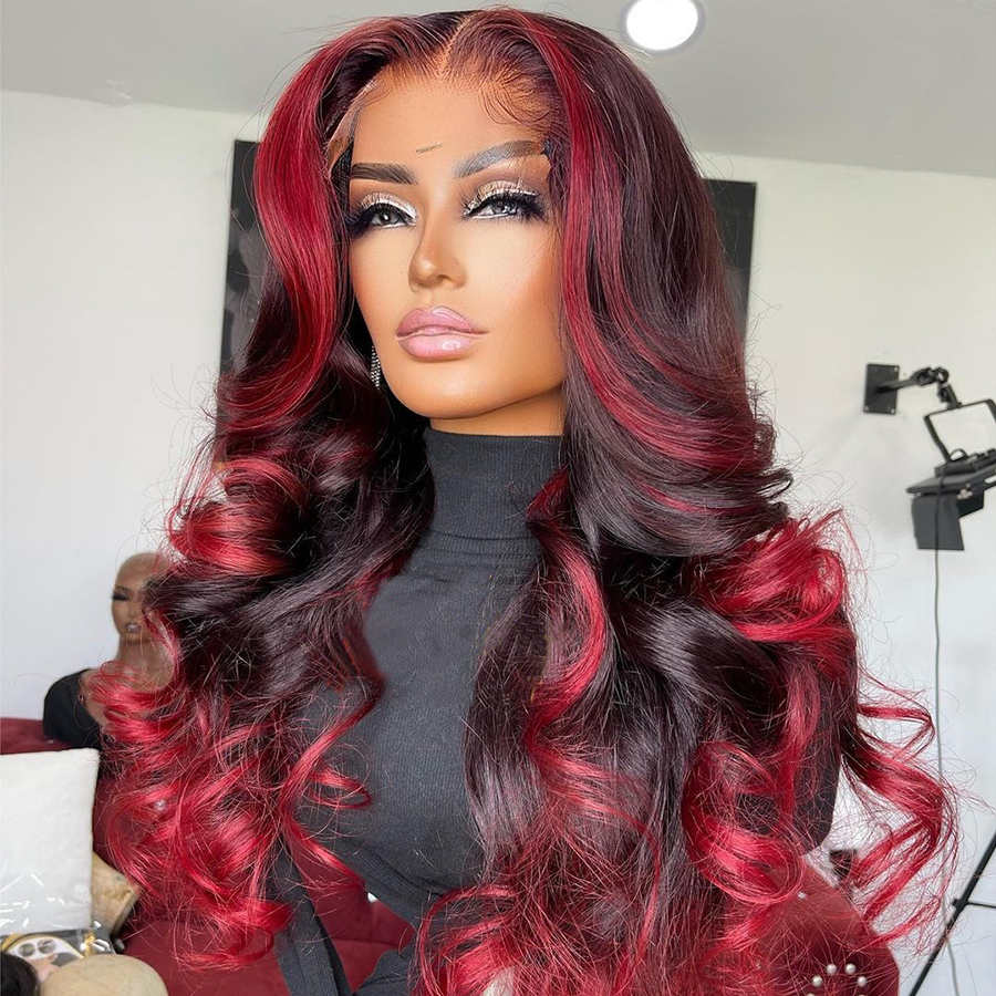 Highlight Transparent Lace Front Human Hair Wigs Loose Wave Ombre Red Highlights Color 13x4/4x4 Lace Frontal Wig-Amanda Hair