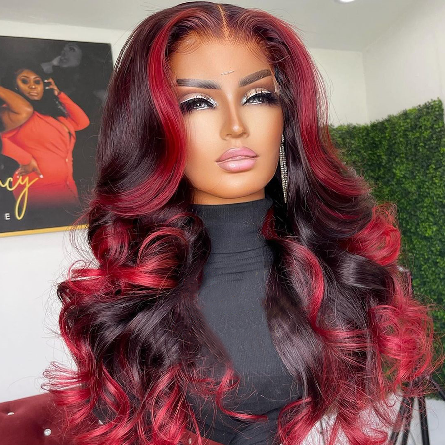 Highlight Transparent Lace Front Human Hair Wigs Loose Wave Ombre Red Highlights Color 13x4/4x4 Lace Frontal Wig-Amanda Hair