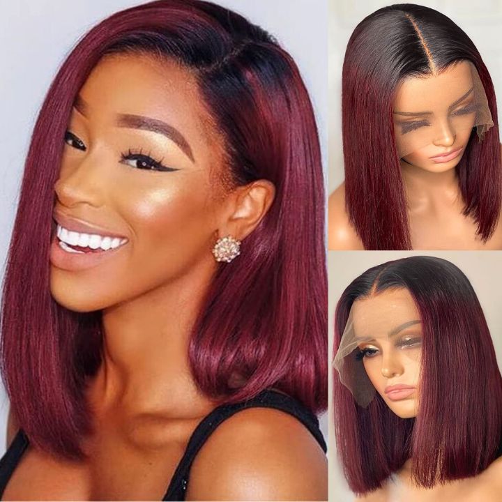 Flash Sale Amanda Glueless Ombre T1b/99j Burgundy Color Lace Front Straight Hair Short Bob Wig Free Part