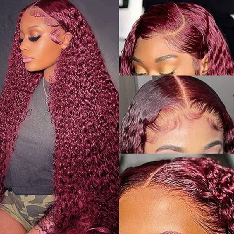 Burgundy Lace Front Wig 99J Curly Human Hair Wigs Colored HD Transparent 13X4 Lace Frontal Wig Preplucked Red Hair Wig No Code Needed -Amanda Hair