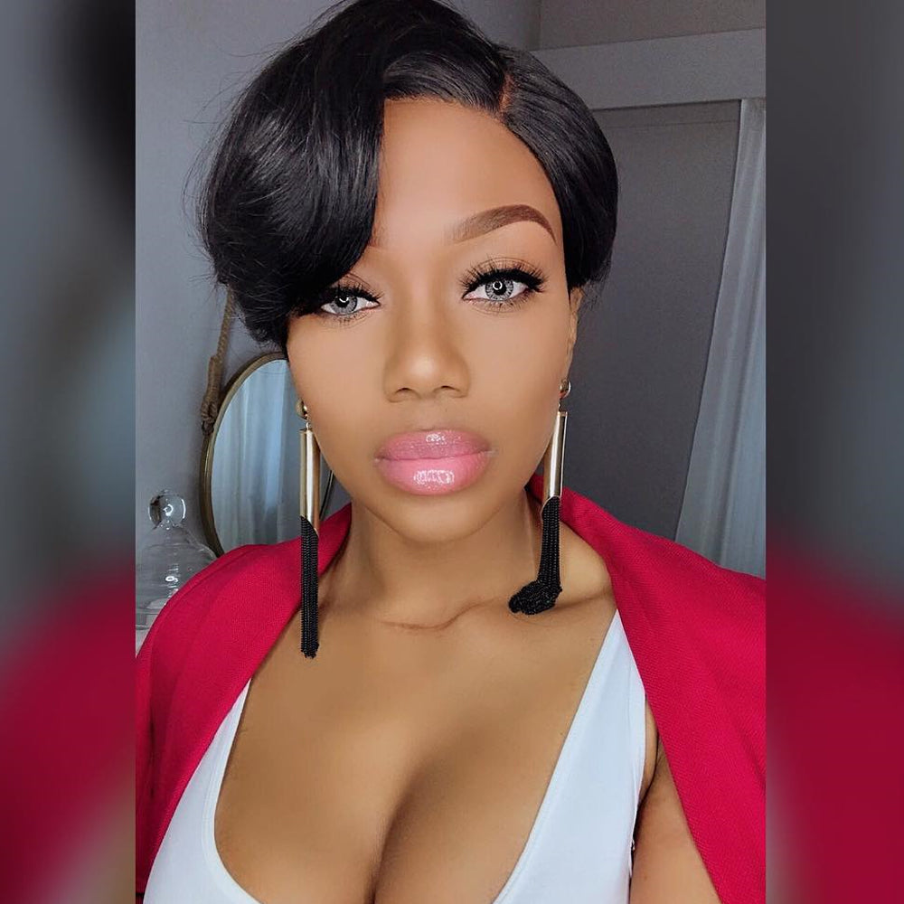 Straight Pixie Cut Wig 13*4 Lace Front Human Hair Pixie Wigs With Free Part Bangs - Amanda Hair