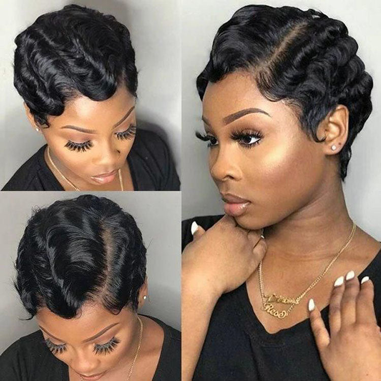 Pixie Cut Finger Wave Wig Machine Made Gluless Human Hair Wavy Wigs-Amanda Hair