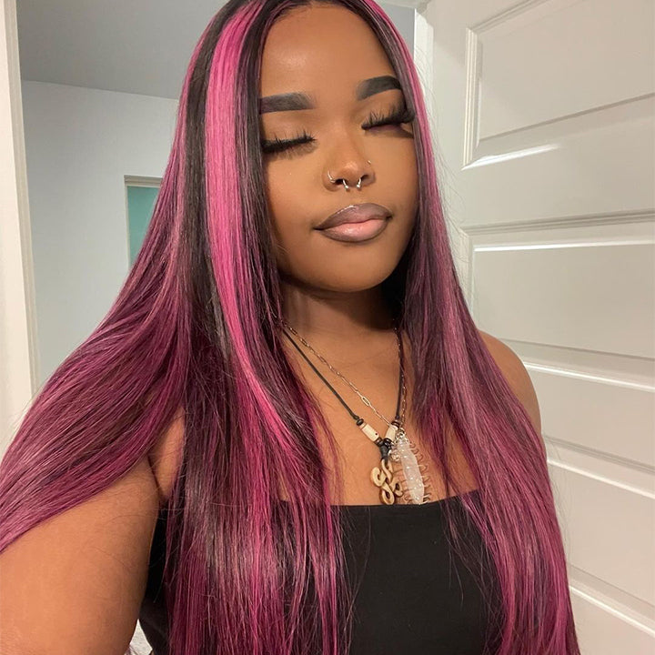 Highlights Transparent Lace Front Straight Wig Human Hair Wig Black Hair Mix Purple Color Lace Wigs