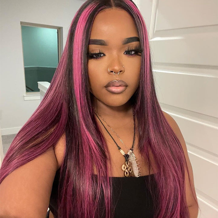 Extra 38% Off Clearance Highlights Transparent Lace Front Straight Wig Human Hair Wig Black Hair Mix Purple Color Lace Wigs