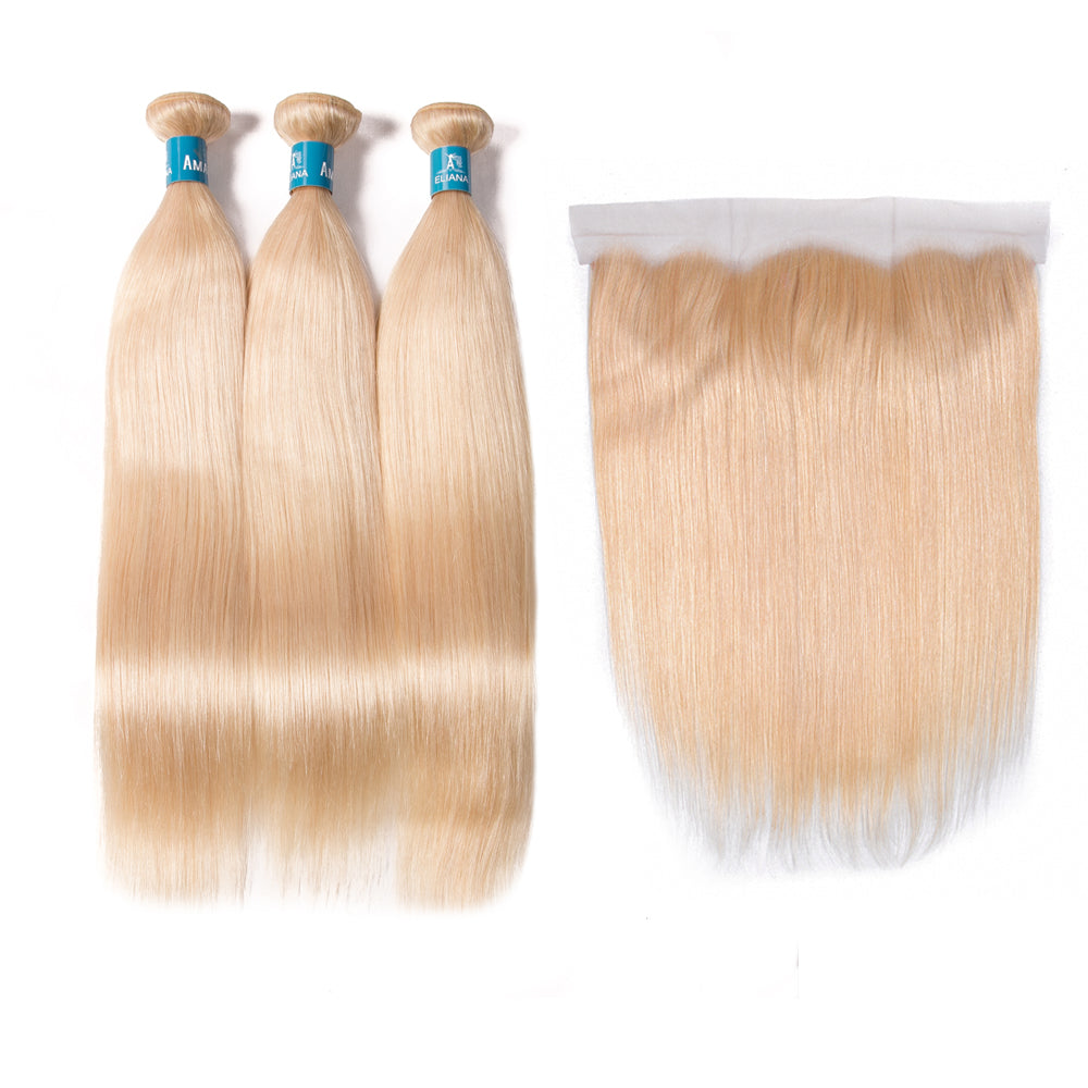 Colored Bundles With Frontal 13*4 Lace 613 Golden Silk Straight 100% Human Hair Blonde Hair - Amanda Hair