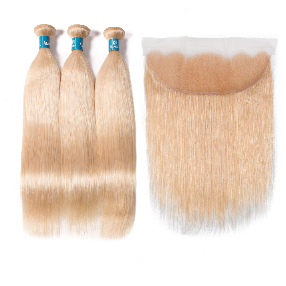 Colored Bundles With Frontal 13*4 Lace 613 Golden Silk Straight 100% Human Hair Blonde Hair - Amanda Hair